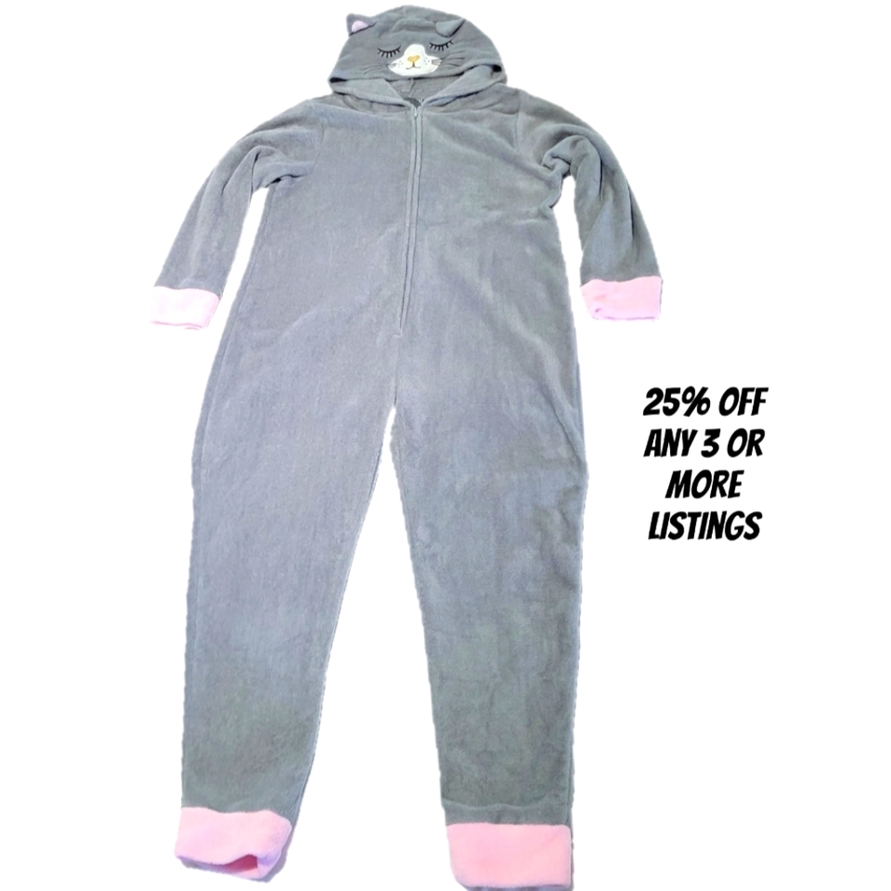 Cozy Gray Cat Hoodie Jumpsuit Size XL Kittie Onesie Loungwear Pajama Fleece Pj